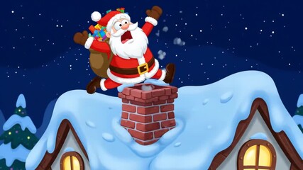 jolly santa comes down snowy chimney joyfully, merry santa emerges from chimney into cold winter landscape, cheerful santa slides down snowcovered chimney into festive winter scene. - Powered by Adobe