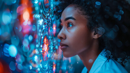 Young Trainee Doctor Analyzing Futuristic AI Medical Scans and Holographic Human Anatomy at Night in Innovative Healthcare Setting