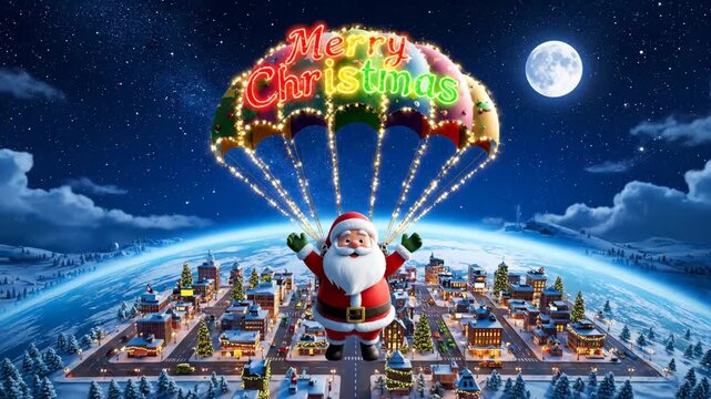 santa descends via parachute over glowing urban landscape during holiday night, cheerful santa glides down using parachute amid sparkling city lights celebrating holiday joy from above.