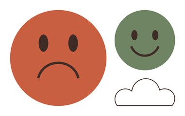 Fototapeta premium Large red sad face, smaller green happy face, and outlined cloud shape illustrating emotional contrasts. Ideal for mental health, emotions, therapy, moods, balance, decision-making simple flat
