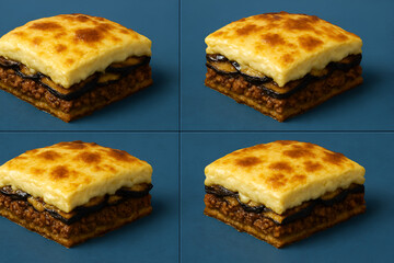 four Moussaka on Blue Background - Feels like an image inserted in a magazine