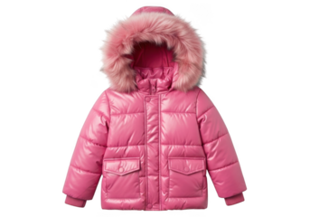Shiny pink puffer jacket for a child with a fluffy faux fur trimmed hood, isolated on transparent background