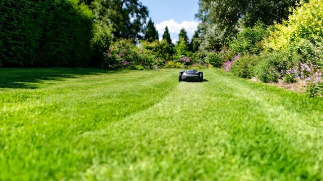 Modern lawn mower robot working in the backyard  clean design, smart technology, and sustainable living concept.