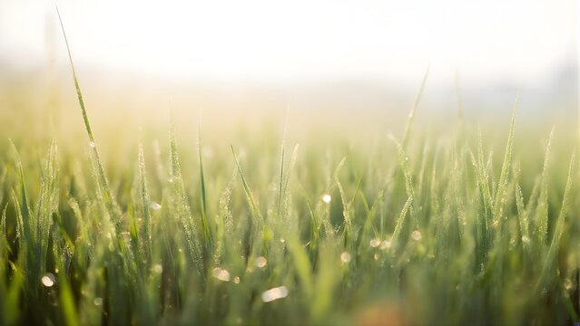 Sparkling dew drops on fresh green grass bathed in soft morning sunlight, natural bokeh background - Powered by Adobe