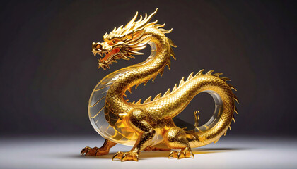 Golden Dragon Statue with Crystal Body on Studio Background