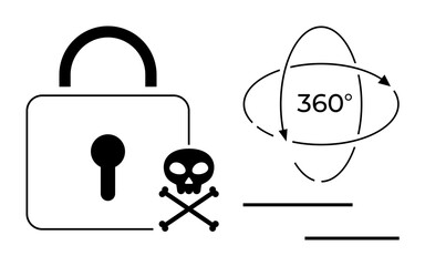 Padlock with keyhole paired with skull and crossbones for security risks circular 360-degree symbol representing comprehensive protection. Ideal for safety, awareness, protection, data security, IT
