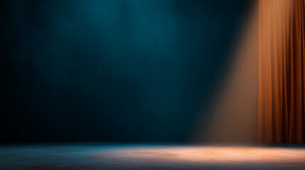 Minimalist Movie Design Conceptม Dimly lit stage with a spotlight illuminating a section, set against a dark blue backdrop and flowing curtains on one side.