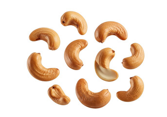 A collection of roasted cashew nuts scattered on a clean transparent background, perfect for food ingredient imagery