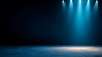 Minimalist Movie Design Conceptม Dimly lit stage with blue spotlights casting a dramatic ambiance over an empty floor.