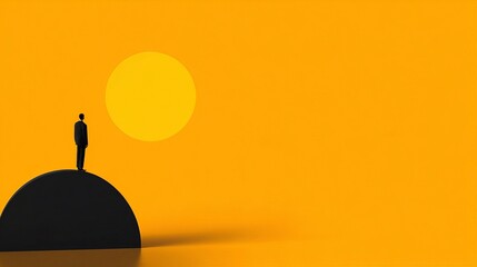 Minimalist Movie Design Conceptม A silhouette of a person stands on a curved surface against a bright yellow background, symbolizing contemplation or solitude.