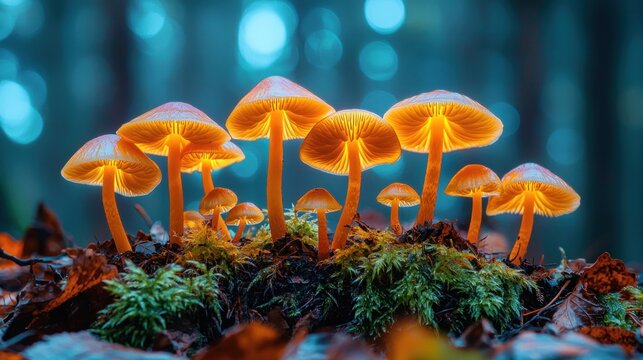 Glowing orange mushrooms in forest on mossy bed with blurred blue background
