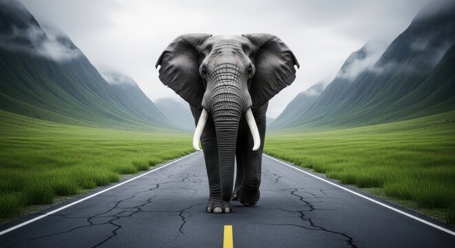 Elephant walks down a cracked road surrounded by green fields and mountains under a cloudy sky