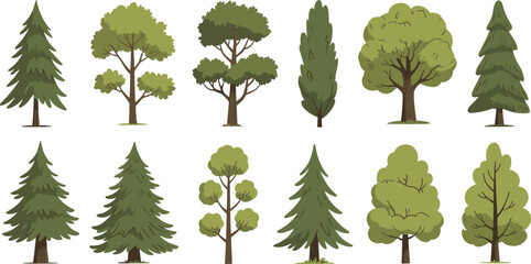 Collection of various green vector tree illustrations featuring pine, fir, cypress, and oak, isolated flat design style for nature, forest, landscape, park, and environment graphic.