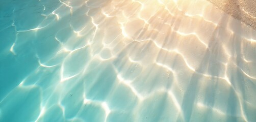 Clear turquoise ocean water ripples with sun rays on sandy beach below. Gentle waves create natural abstract pattern on shallow sea surface. Summer holiday background.