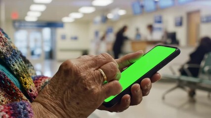 Woman texting on smartphone sitting in lobby hospital - Powered by Adobe