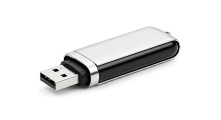 Silver and Black USB Flash Drive on White Background.