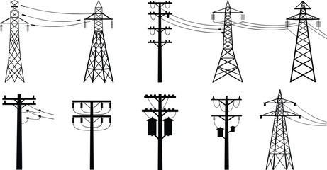 Electric power transmission towers collection, high voltage pylon vector icons, electricity pole silhouettes, wire distribution network, industrial energy infrastructure