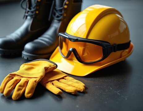 Yellow hard hat rests beside safety goggles, work gloves on dark table. Protective gear symbolizes workplace security, engineering diligence. Essential equipment for construction or industrial tasks.