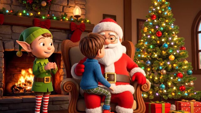 caucasian boy sitting with santa while elf looks on by decorated tree and glowing fireplace, gentle whisper and holiday exchange, wrapped gifts, warm seasonal lighting and tender storytelling mood.