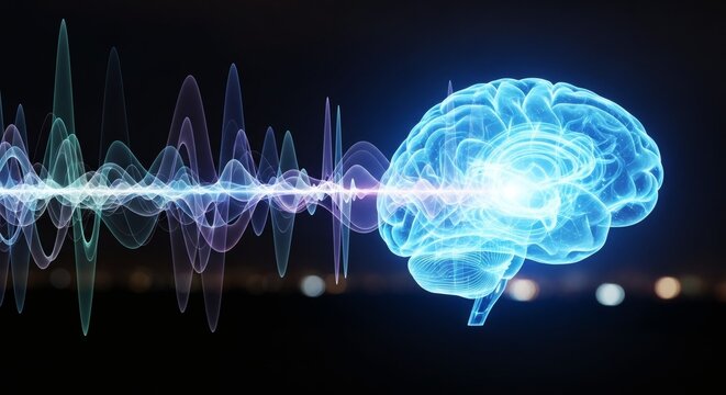 Glowing holographic model of human brain with waves, representing brain rhythms, sound waves, neurology research. Technology for science neuron cell network, neuroscience and artificial intelligence