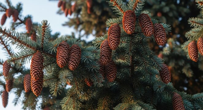 Pine tree branches adorned with large, ripe cones during a clear day in autumn