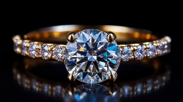Close-up of sparkling diamond engagement ring with gold band and pave settings, luxurious jewelry on black reflective surface