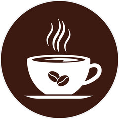 White coffee cup with steam and beans on brown circle background hot beverage coffee beans