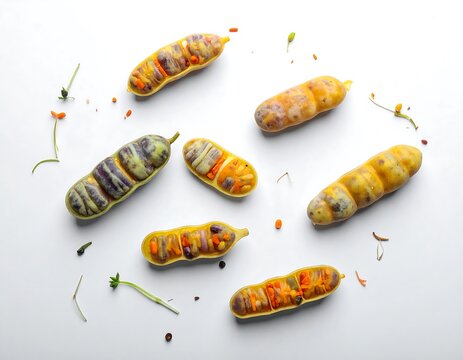 Colorful oca tubers, some sliced to reveal the interior, scattered on white background