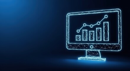 Digital computer screen displays glowing wireframe chart and graph showing business growth and analytics