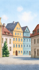 Charming Streetscape: A Colorful Blend of Historical Architecture and Natural Beauty in a Picturesque Town Square