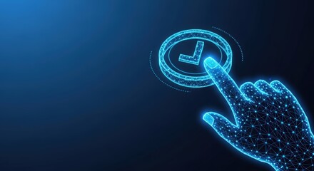 Digital hand presses glowing check mark button for approval