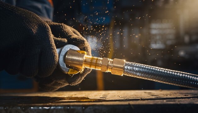 A worker in protective gloves assembles a flexible braided steel hose with a brass fitting in an industrial workshop.