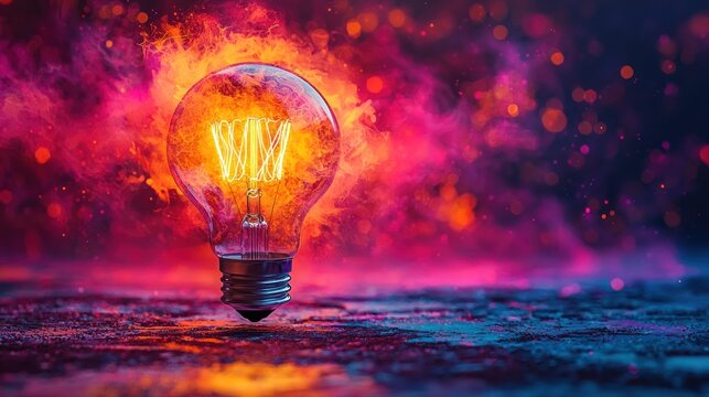 Lit filament bulb against swirling colorful smoke and bokeh on a textured surface