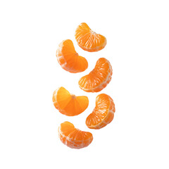 Six fresh mandarin orange segments falling isolated on transparent background