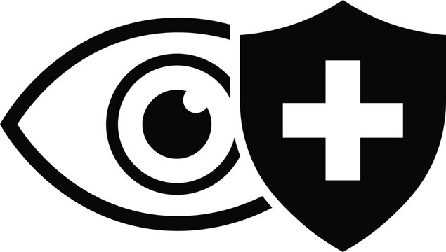 Black and white icon of an eye protected by a shield with a cross protection safety