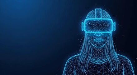 Woman wearing a glowing virtual reality headset in a digital wireframe style