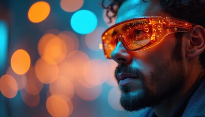 Man wears orange smart glasses. Reflections shine on eyewear with city bokeh. Bearded man looks at augmented reality interface. Person views iot tech in goggles innovation.