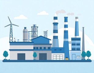 Flat illustration of a factory complex featuring smoke stacks, structures, and a wind turbine. A graphic depiction of industrial activity against a blue sky