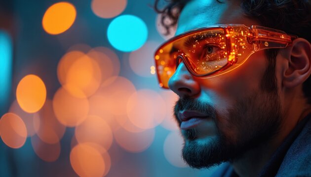 Man wears orange smart glasses. Reflections shine on eyewear with city bokeh. Bearded man looks at augmented reality interface. Person views iot tech in goggles innovation.