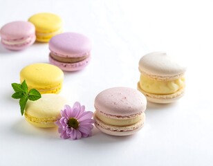 Obraz premium Colorful macarons arranged with mint leaves and a pink flower on a white surface