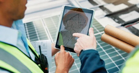 Solar panel, hands or people on roof with tablet screen, construction floor plan or engineering...