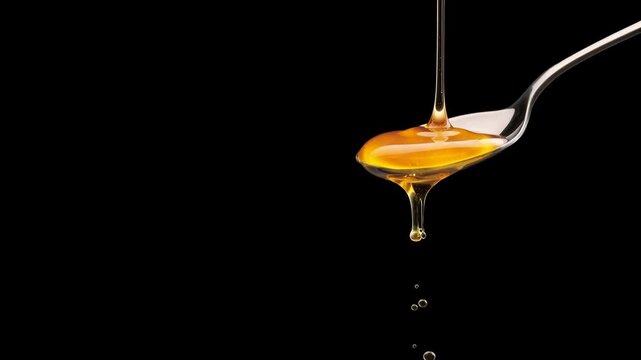 Viscous honey ribbon dripping from a spoon on deep black, luscious macro texture and golden highlightsmouthwatering footage perfect for food brands, natural sweetener promos, and luxury culi