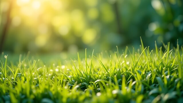 Sparkling dew drops on fresh green grass bathed in soft morning sunlight, natural bokeh background
