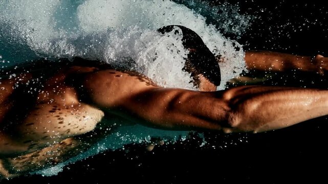 Explosive surface dive of competitive swimmer with spray and backlight, dramatic slow‑motion energy ideal for sports trailers, coaching intros, athlete branding, and power‑driven motivationa