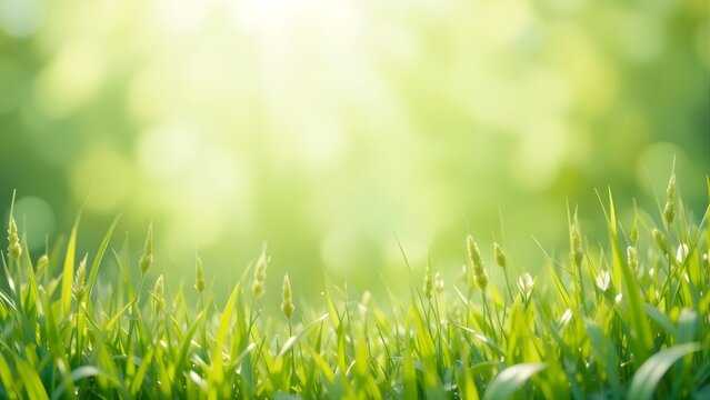 Sparkling dew drops on fresh green grass bathed in soft morning sunlight, natural bokeh background - Powered by Adobe
