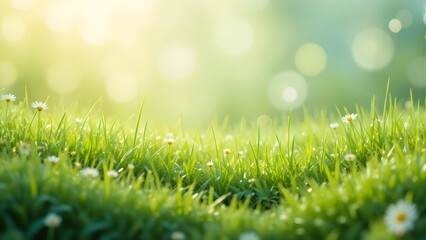 Sparkling dew drops on fresh green grass bathed in soft morning sunlight, natural bokeh background