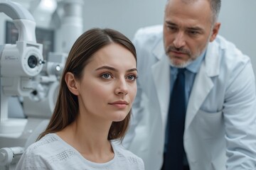 Young woman undergoing an eye examination by a medical professional using specialized equipment.