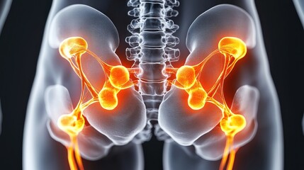 Pelvis, hips, and upper thighs highlighted with fiery orange connectors