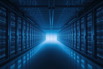 Symmetrical server room, showing advanced technology, powerful computing, and data storage.