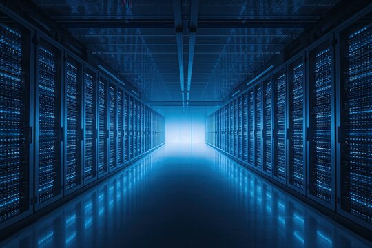 Symmetrical server room, showing advanced technology, powerful computing, and data storage.